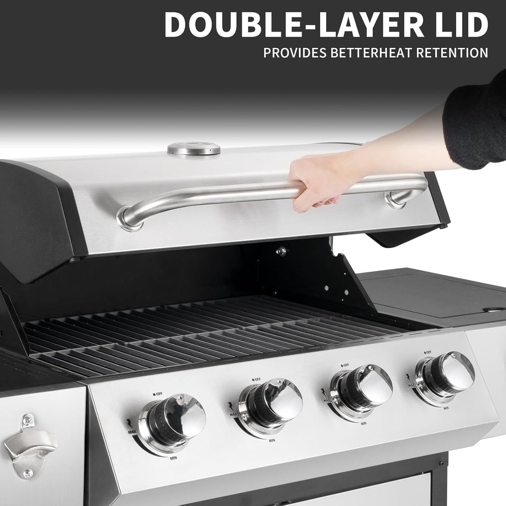 4-Burner Propane Gas BBQ Grill with Side Burner, Barbecue Gas Grill with Enameled Cast Iron Grates for Outdoor Patio Garden Barbecue, 53,000 BTU, with Stainless Steel Grill Cover