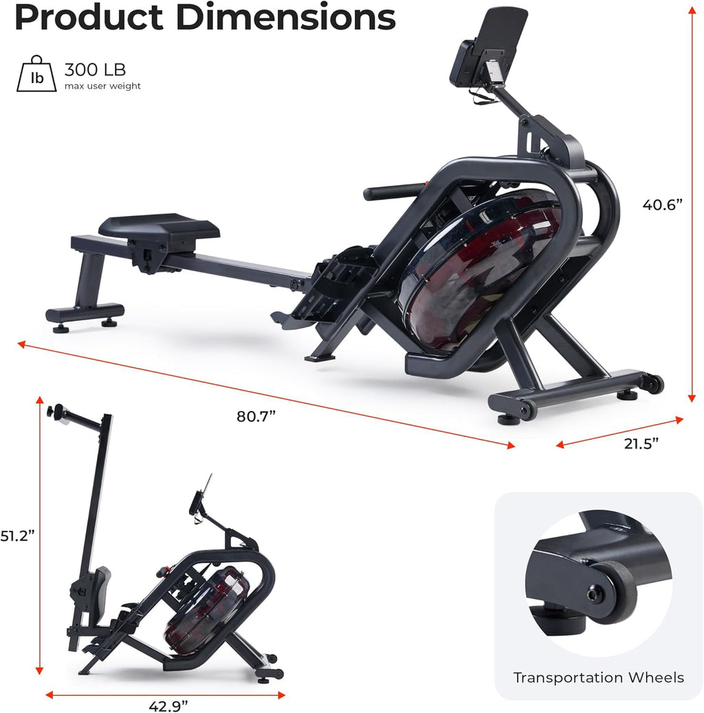 Flip & Foldable Rowing Machine for Home w/Extended Slide Rail, Full-Body Workout, Low-Impact, Optional Extra Long Rail, Quiet Rail Cover, Water Motion