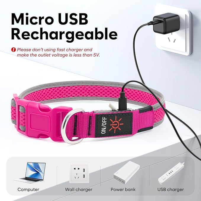 Flashseen LED Dog Collar, USB Rechargeable Light Up Dog Collar Lights, Adjustable Comfortable Soft Mesh Safety Pet Collar for Small, Medium, Large Dogs(Medium, Candy Pink)