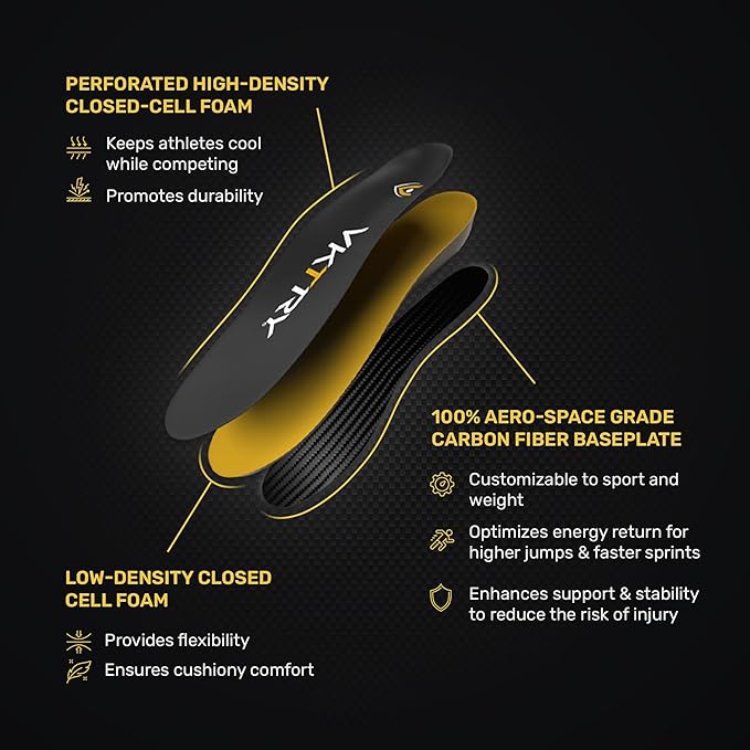 VKTRY Gold for Non-Cleated Shoes - Carbon Fiber Performance Insoles - Customized Athletic Inserts for Sports Basketball Volleyball Running & More | Shock Absorption US M7.5-8, W89.5-10, 121-170lbs