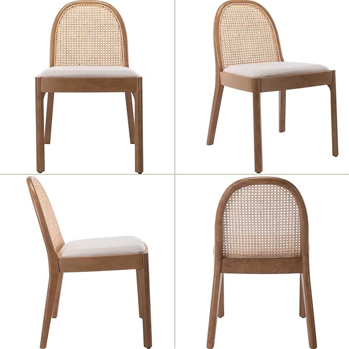 Mid Century Dining Chairs Set of 2, Accent Rattan Linen Fabric Side Chairs Kitchen Chair with Solid Wooden Legs for Living Room Dining Room, Beige