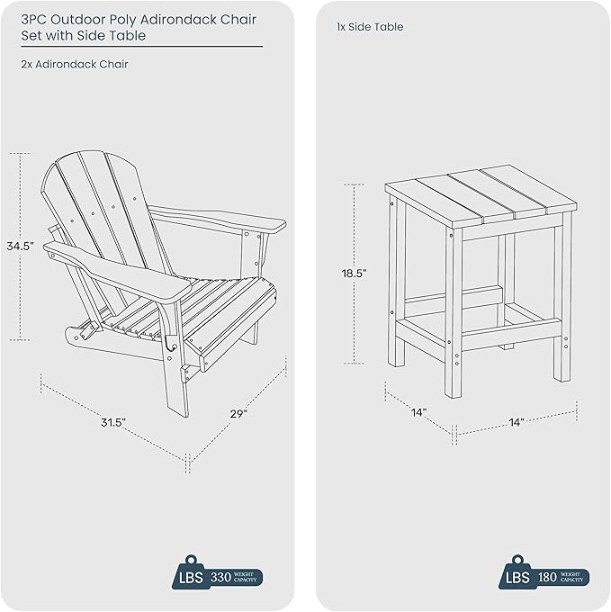 WO Home Furniture Adirondack Chairs Table Set of 3 PCS Outdoor Folding Chairs Side End Table Weather/UV Resistant for Lawn, Garden, Bon Fire, Balcony (Black)
