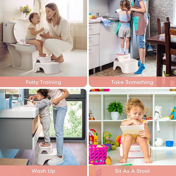 Potty Training Seat with Step Stools, Maliton Potty Training Toilet for Toddlers Girls with Splash Guard, Anti-Slip Toddler Stool for Bathroom, One Potty Seat and 2 in 1 Step Stool for Kids (Pink)