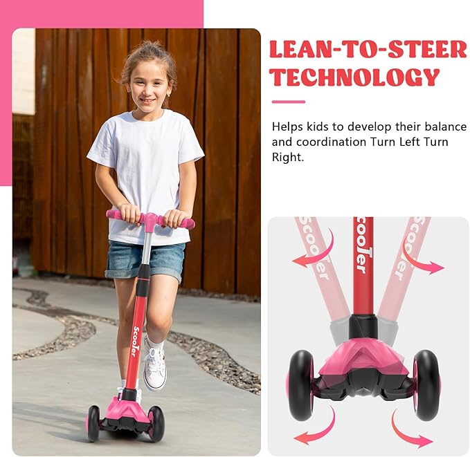 Kids Scooter,Lighted Wheels and 3 Adjustable Height Handlebars Scotters for Kids 3-12,3 Wheel Toddler Kick Scotter for Boys & Girls up to 132 Lbs.