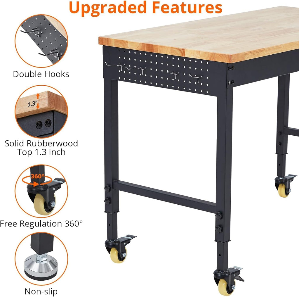 75'' Adjustable Workbench on Wheels, 2000LBS Heavy Duty Worktable with Power Outlets, Rubberwood Workstation for Workshop, Garage, Office, Home