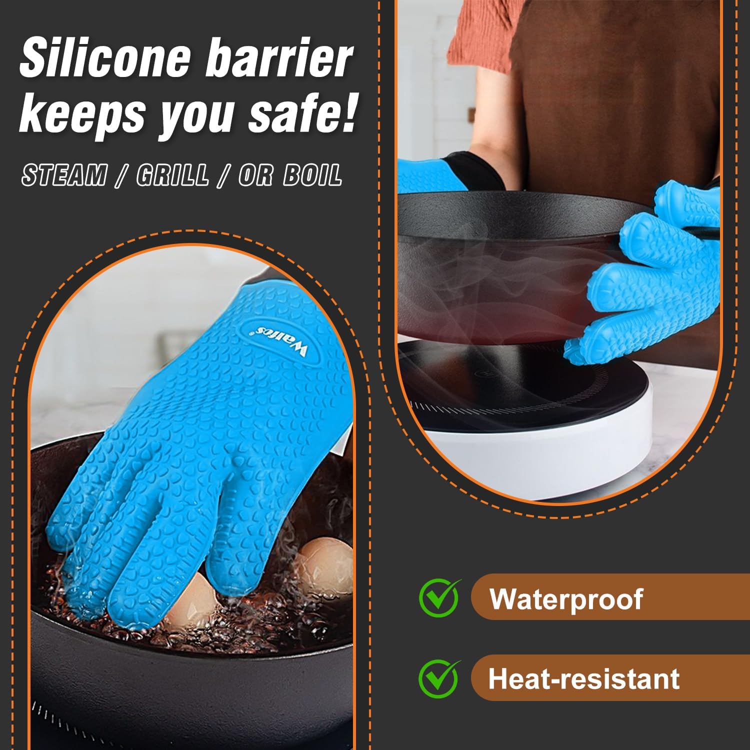 Walfos Silicone BBQ Gloves - Heat Resistant Grilling Gloves, Premium Non-Slip Kitchen Silicone Oven Mitt with Protective Cotton Layer Inside, Waterproof, Great for Grilling, Kitchen and Cooking, Blue