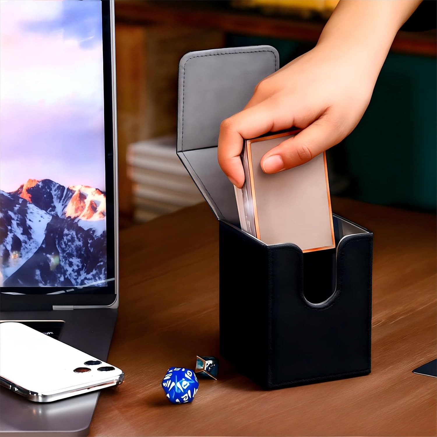 Yookeer 4 Pieces Leather Deck Card Boxes Cards Deck Game Box for Collectible Playing Card Box Compatible with MTG Commander(White, Black, Purple, Yellow,Vertical)