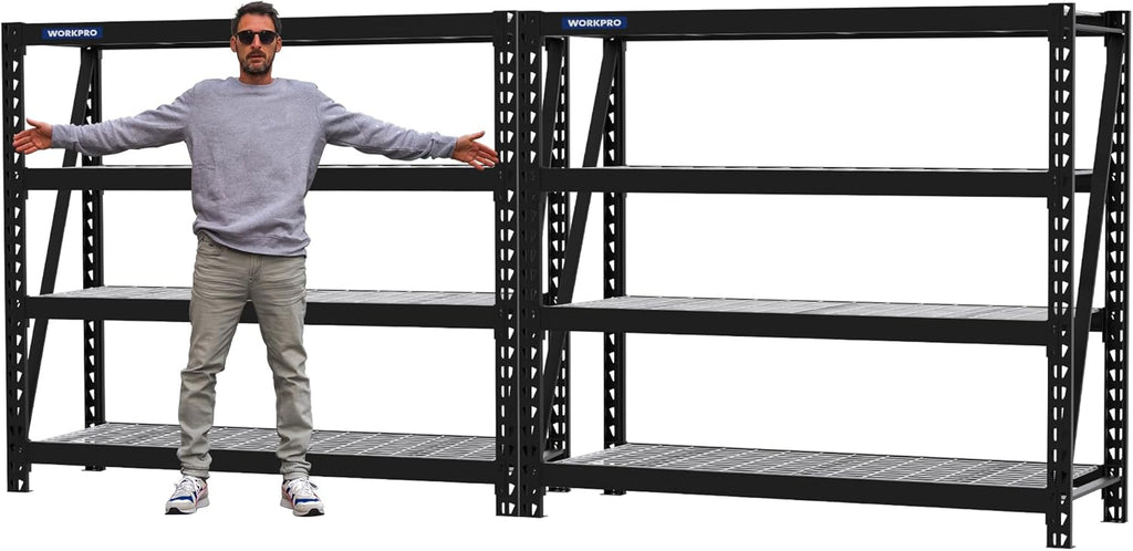 WORKPRO 68" Ultra Wide 4-Tier Metal Garage Shelving Unit, 68"W x 24"D x 65"H, 7200 LBS Capacity, Heavy Duty Storage Utility Rack, Industrial Adjustable Shelves for Shop Warehouse Basement, Pack of 2