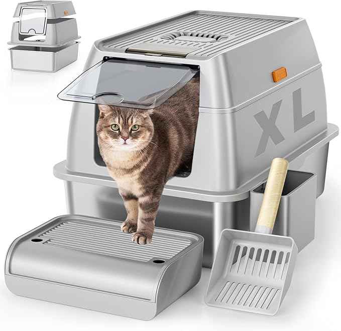 Stainless Steel Cat Litter Box with Lid, XL Extra Large Litter Box for Big Cats, Enclosed Removable Metal Litter Boxs with High Sided Enclosure & Scoop, Anti-Leakage, Non-Sticky, Easy Cleaning(Grey)