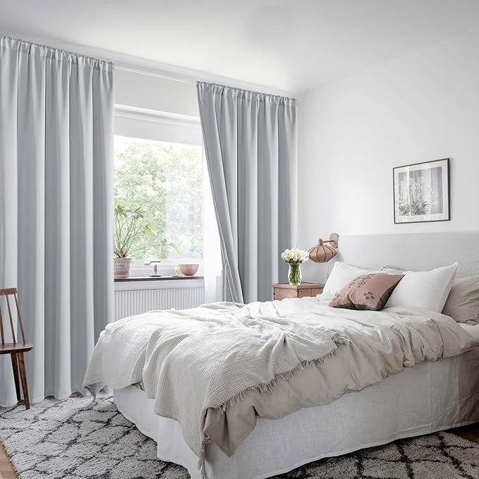 XWZO 100% Blackout Window Curtains - Rod Pocket Thermal Insulated & Completely Room Darkening Black Liner Window Panels with Tiebacks for Bedroom/Living Room, Light Grey, W70 x L63, Set of 2