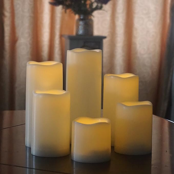 Waterproof Outdoor Battery Operated Flameless Pillar Candles with Timer White Plastic Realistic Flickering Fake Electric LED Lights for Lantern Garden Wedding Christmas Decorations 6 Pack