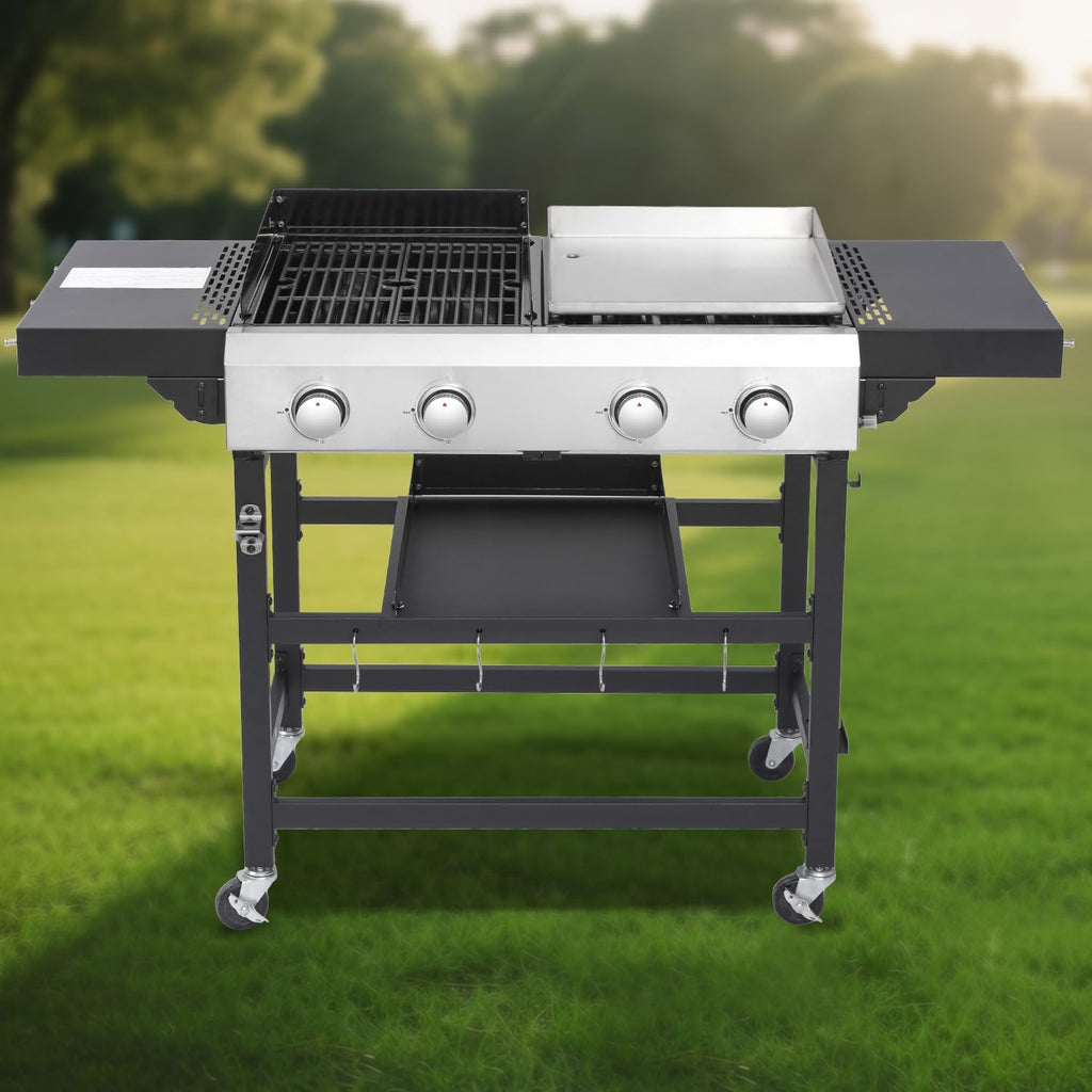 4-Burner Propane Gas BBQ Grill with SS Plancha, 38,200 BTU Output, Wire Enamel Cooking Grids, Foldable Side Table and Hanging Basket, Heavy-Duty Stainless Steel Grill
