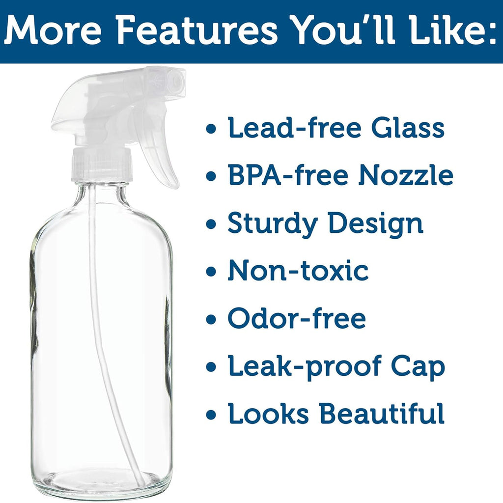 Sally's Organics® Empty Clear Glass Spray Bottles - Refillable 16 oz Containers for Essential Oils, Cleaning Products, Aromatherapy, Misting Plants, or Cooking - Sprayer with Mist and Stream - 2 Pack