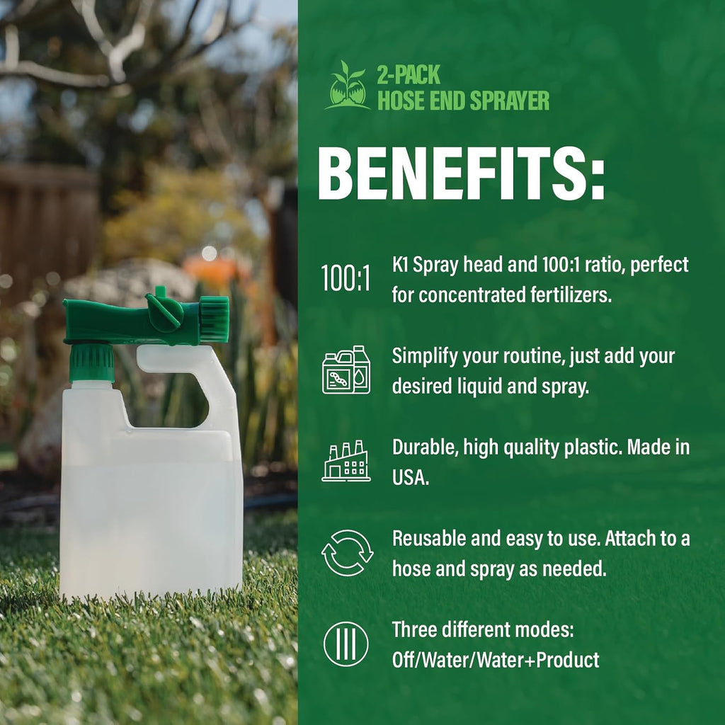 Humboldts Secret 2-Pack Garden Hose End Sprayer | Multipurpose Lawn Attachment with 100 to 1 Mixing Ratio | Garden Sprayer for Lawn Care, Fertilizing, Car Wash & Outdoor Use | 32 ounce