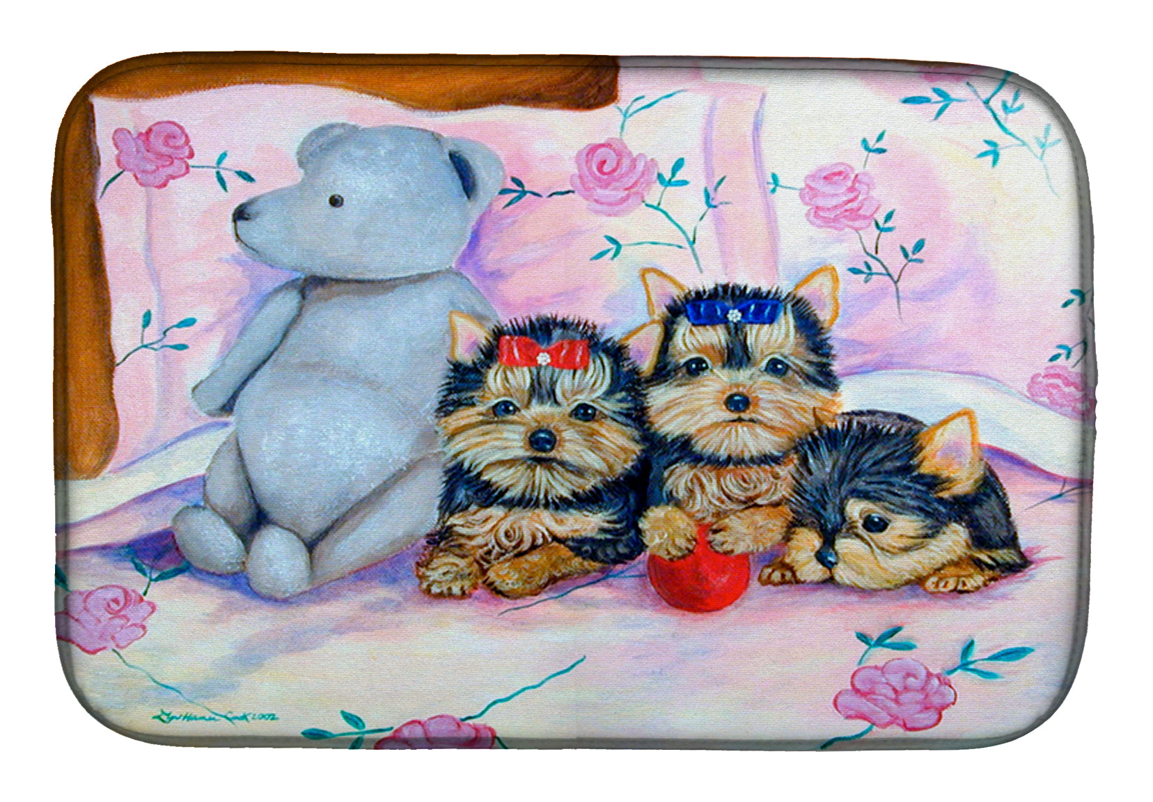 Yorkie Puppies three in a row Dish Drying Mat Absorbent Dish Drying Mat Pad for Kitchen Counter Dish Drainer Mat for Countertop, 14 x 21", Multicolor