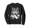 Black White Wolf Holding Ball Sweatshirt - Minimalist Print Men Women