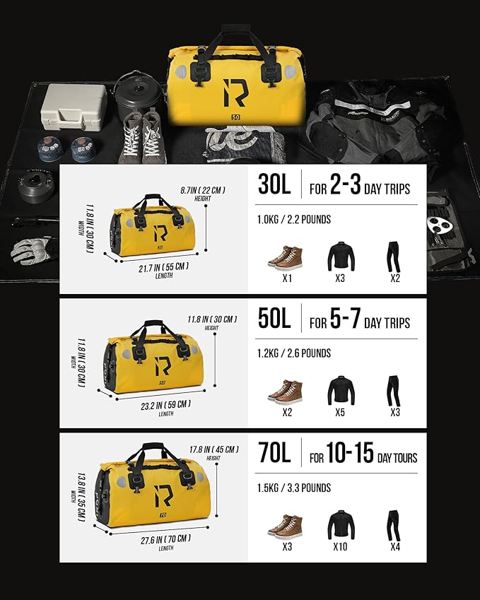 BORLENI Waterproof Motorcycle Dry Duffel Bag Luggage Tail Bag with Large Storage Space,Roll Top Closure, Shoulder Straps, Inner Pocket and Mesh Pocket for Motorcycling Travel Camping(Yellow,70L)