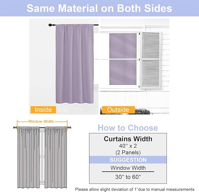 Simplebrand Ava Lilac Blackout Curtains for Bedroom 72 Inch Length 2 Panels Set, Privacy Thermal Insulated Rod Pocket Door Window Curtains for Patio French Door Front Door, W40 x L72 Inch, Lilac