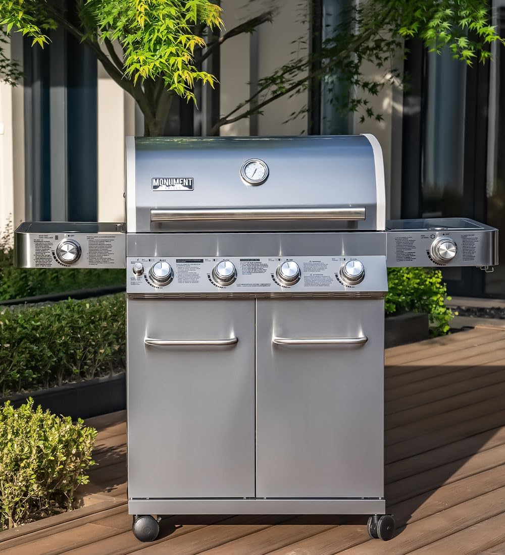 Monument Grills Larger 4+2 Burner Propane Gas Grills Stainless Steel Cabinet Style with Side & Side Sear Burners, Built-In Thermometer, and Knob Controls