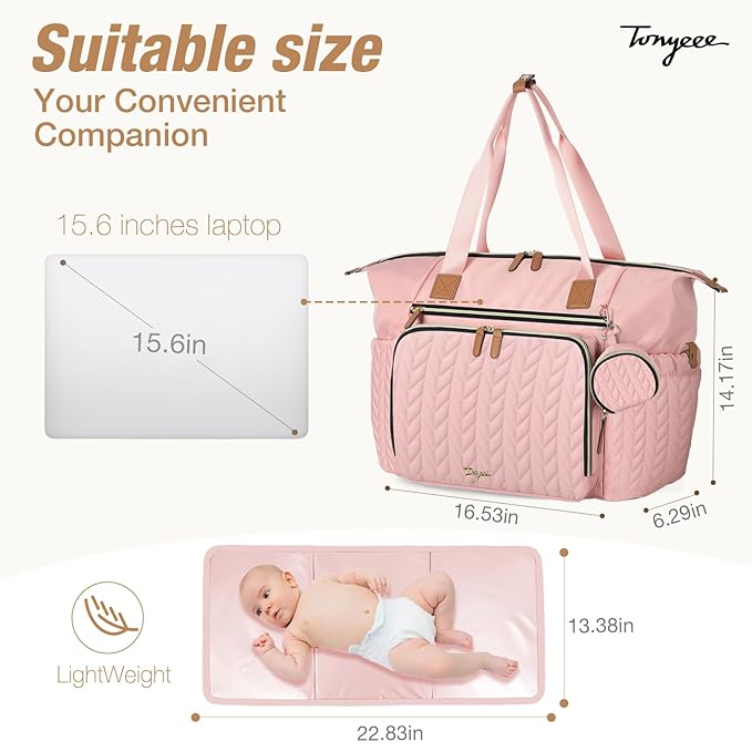 Diaper Bag Tote, Large Diaper Bags Waterproof, Hospital Bag for Labor Delivery, Baby Bag with Pacifier Case, Travel Diaper Tote with Changing Pad, Pink