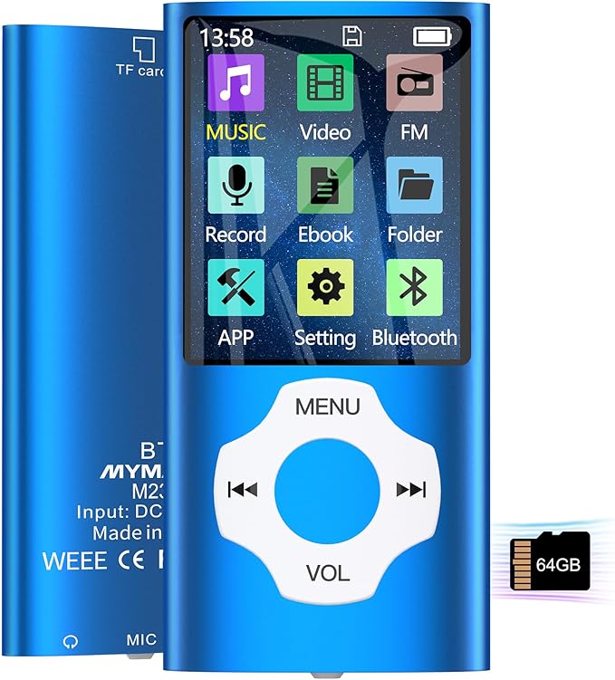 Portable 64GB MP3 Player with Bluetooth, MYMAHDI 1.8" HD LCD Screen MP4/MP3 Player Up to 128GB, Music Player with Video, Music, FM Radio, E-Book Reader, Voice Record, Photo Viewer, Darkblue
