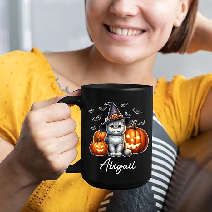 Personalized Name British Shorthair Coffee Mug Gift for Cat Lover, British Shorthair Wearing Witch Hat Black Cup, Custom Cat Pumpkins Halloween Ceramic Cup 11oz 15oz, Pet Owner Halloween Mug