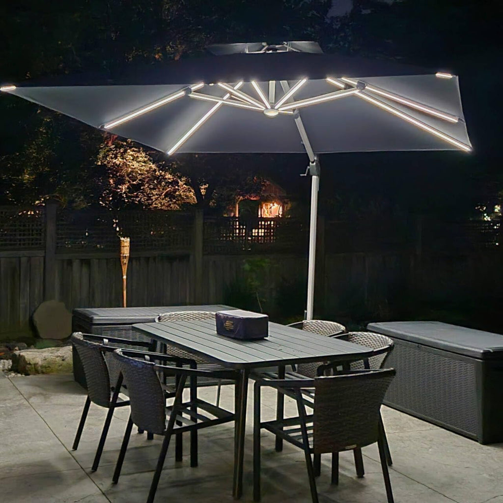 PURPLE LEAF 10 Feet Double Top Deluxe Solar Powered LED Square Patio Umbrella Offset Hanging Umbrella Outdoor Market Umbrella Garden Umbrella, Grey