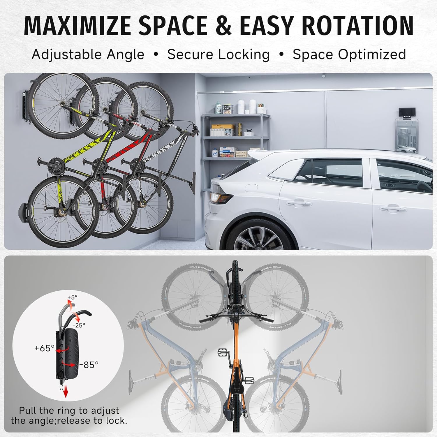 Bike Rack Garage,Bike Wall Mount, 150° Swivel & Space-Saving Vertical Bike Hangers for Storage, Sturdy Bike Stand Holds Up to 66lbs, Easy to Install, 4 Pack