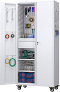 Aobabo Metal Storage Cabinet with Wheels and 1 Interior Drawer, Steel Rolling Tool Cabinet with 16 Hooks and 2 Adjustable Shelves for Garage, Home, Office, Kitchen Assembly Required, White
