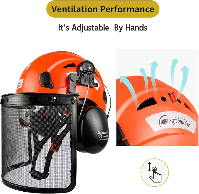 SAFEBUILDER  Forestry Safety Helmet with Build-in Visor Mesh Face Shield Ear Muffs 4 in 1 Chainsaw Safety Hard Hats
