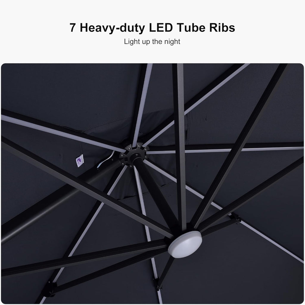 PURPLE LEAF 10 Feet Patio Umbrella Outdoor Cantilever Solar Powered LED Square Umbrella Aluminum Offset Umbrella with 360-degree Rotation for Garden Deck Pool Patio, Grey