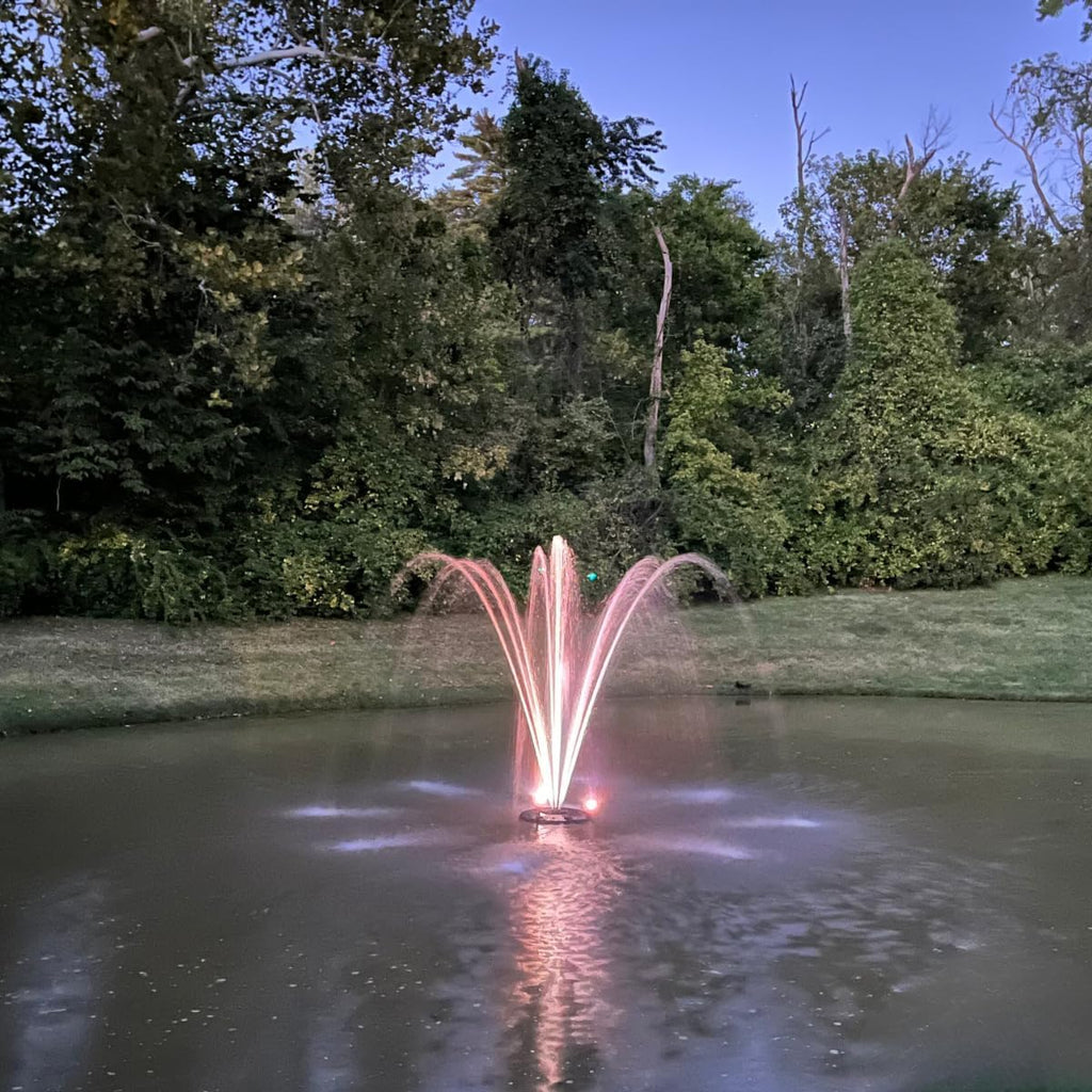 HALF OFF PONDS Floating Fountain – 1.2 HP Pond Aerator, 200' Cord – 10,000 GPH Water Pump – 11 Spray Patterns - Energy-Efficient – White LED Lights - for Large Ponds, Lakes & Water Gardens