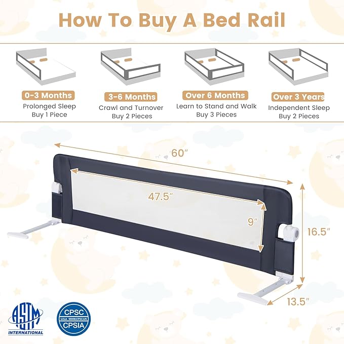 HONEY JOY 2 Pack Bed Rails for Toddlers, 60-Inch Extra Long, Foldable Portable Swing Down Safety Bed Guard Rail, Toddler Bed Rails for Crib, King Queen Full Twin Size Bed Mattress (Gray)