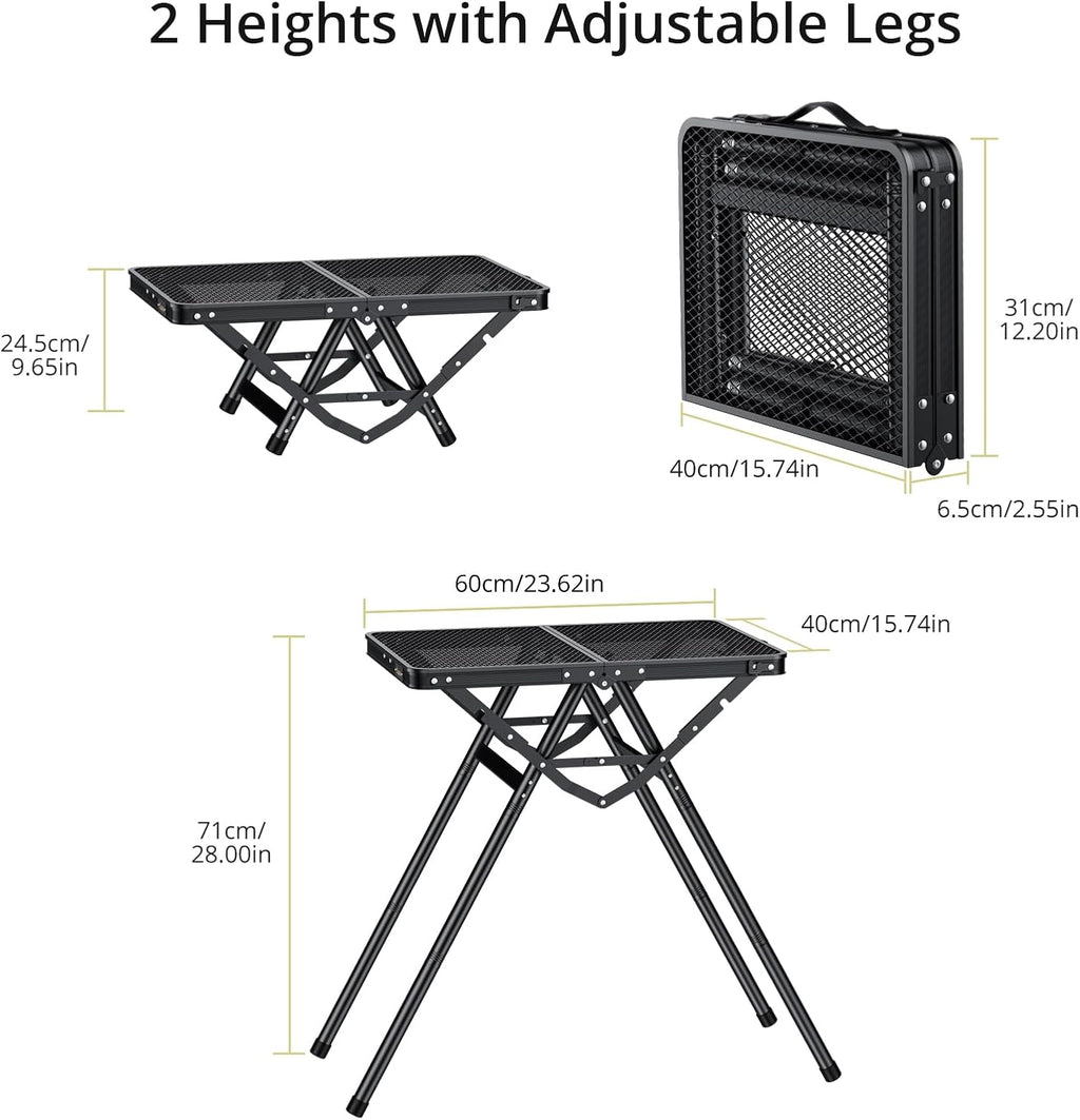 2ft Sturdy Folding Grill Table, Supports 180 Lbs, 2 Adjustable Height 28” Portable Grill Table, Heat-Resistant Tabletop, Folding Metal Table for Camping BBQ Cooking Backyard, 24" X 16", Black