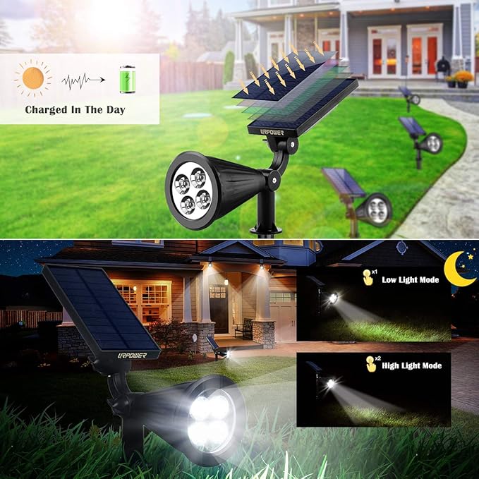 URPOWER Solar Lights Outdoor, 2-in-1 Waterproof Adjustable Solar Spotlights Outdoor Wall Light, Dusk-to-Dawn Solar Powered Landscape Lights for Backyard/Garden/Pathway/Pool/Porch (4Pack, Cool White)