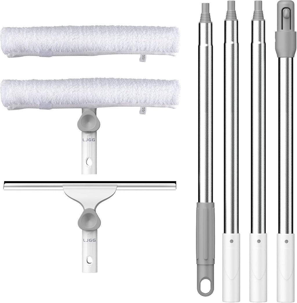 Window Cleaning Squeegee kit, 13.78" Squeegee and 13.78" Microfiber Scrubber with Aluminum Alloy Pole, 54" Telescopic Window Cleaning Tool for Glass Door, Shower Glass Door, Car Windshield-2 Pads