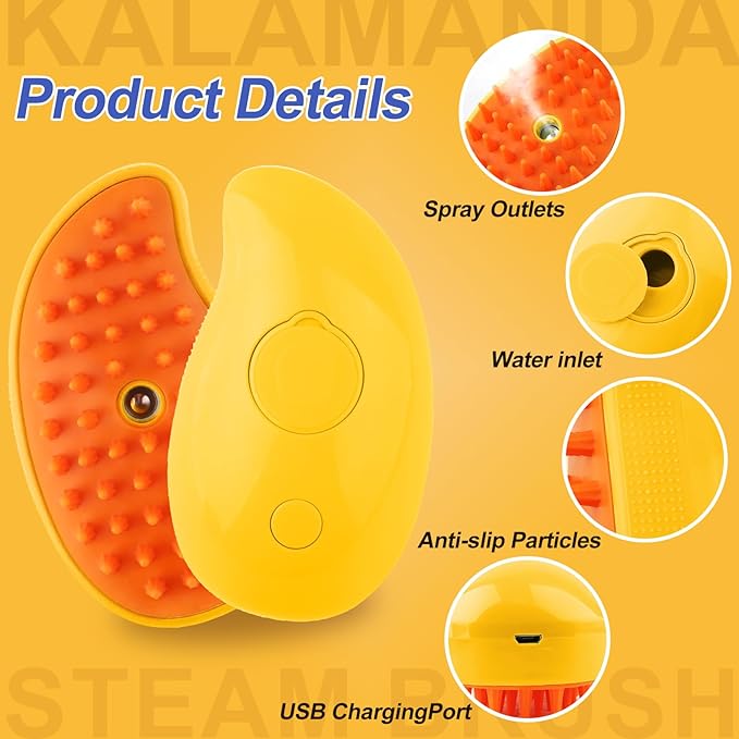 KALAMANDA Cat Steam Brush, 3 in 1 Dog Steamy Brush Cleanser, Silicone Massage Grooming Comb, Pet Hair Cleaning Misting Comb for Cats Dogs(Mango Yellow)