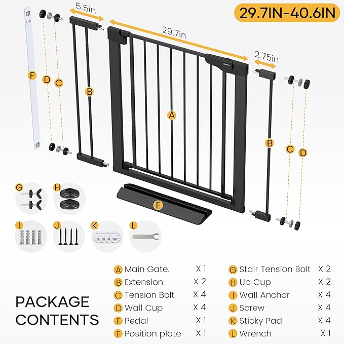 Cumbor 36" Extra Tall Baby Gate for Dogs and Kids with Wide 2-Way Door, 29.7-40.6" Width, and Auto Close Personal Safety for Babies and Pets, Fits Doorways, Stairs, and Entryways