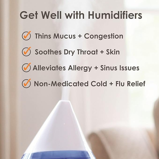 Crane Top Fill Mini Humidifier for Bedroom and Nursery 3-in-1 Essential Oil Diffuser Sleep Light 0.5 Gallon Baby Humidifier