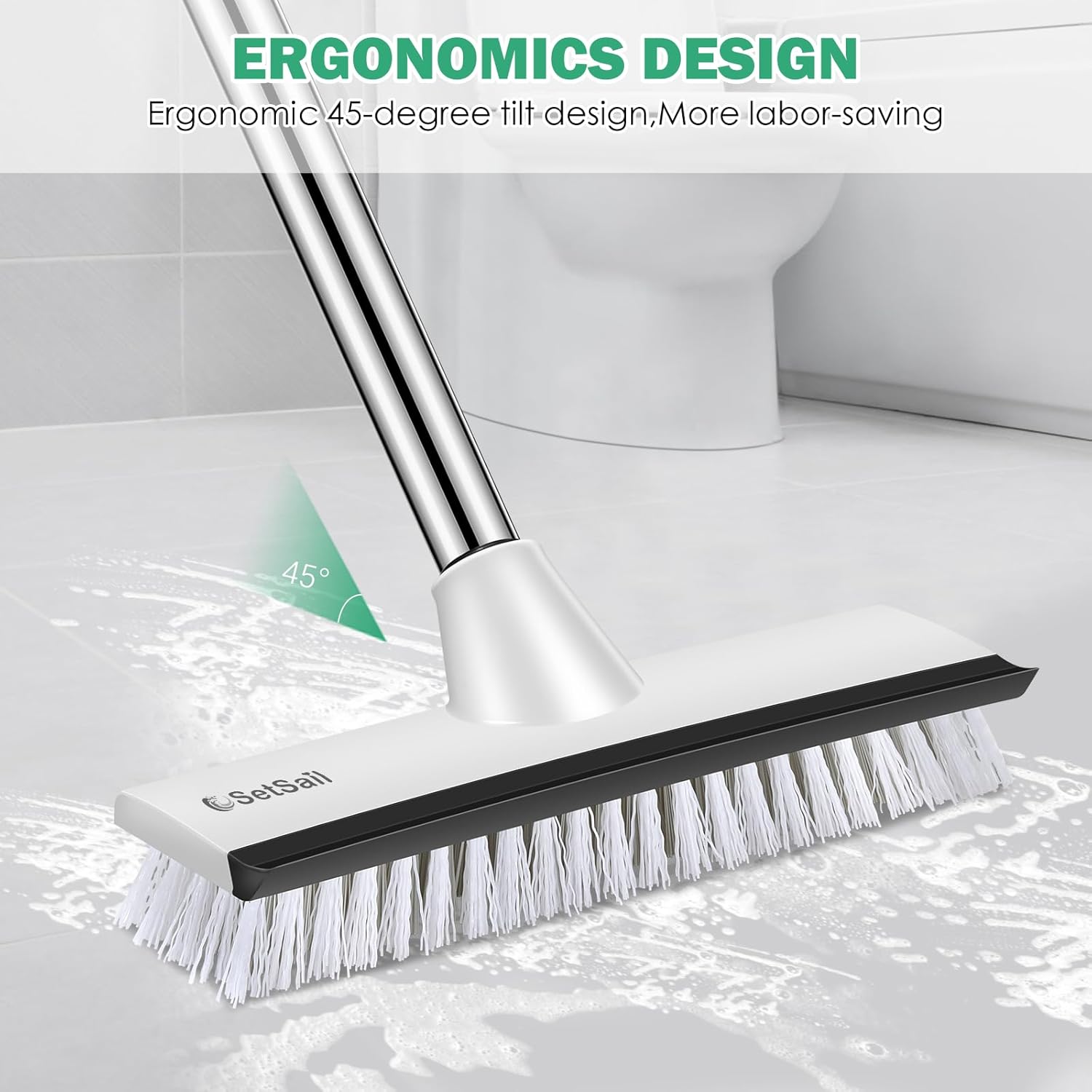 SetSail Floor Scrub Brush with 51-Inch Long Adjustable Handle 2 in 1 Scrape Brush Stiff Bristle Floor Scrubber for Cleaning Shower Bathroom Garage Kitchen Wall Deck Tub Tile