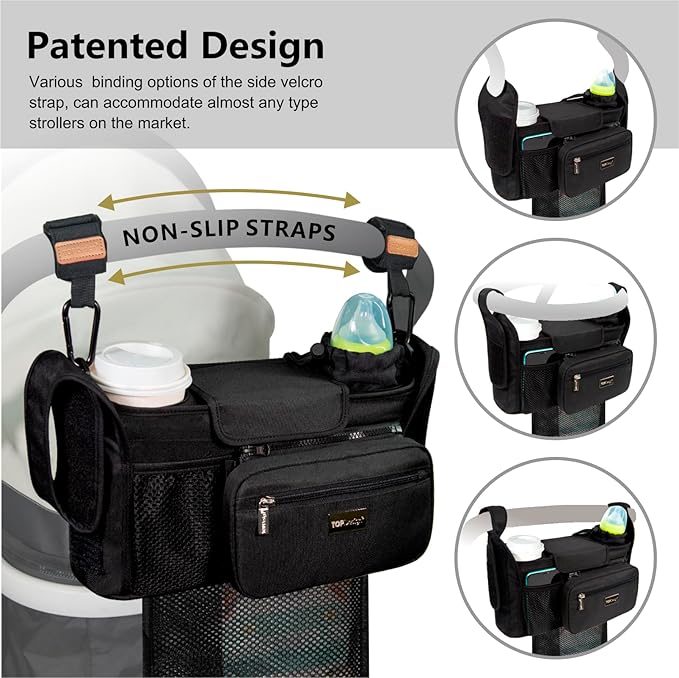 TOPDesign Universal Baby Stroller Organizer, Stroller Caddy with Detachable Mesh Bag & Heightened Insulated Cup Holders & Non-Slip Secure Hooks Accessories, Fits Most Strollers (Red)