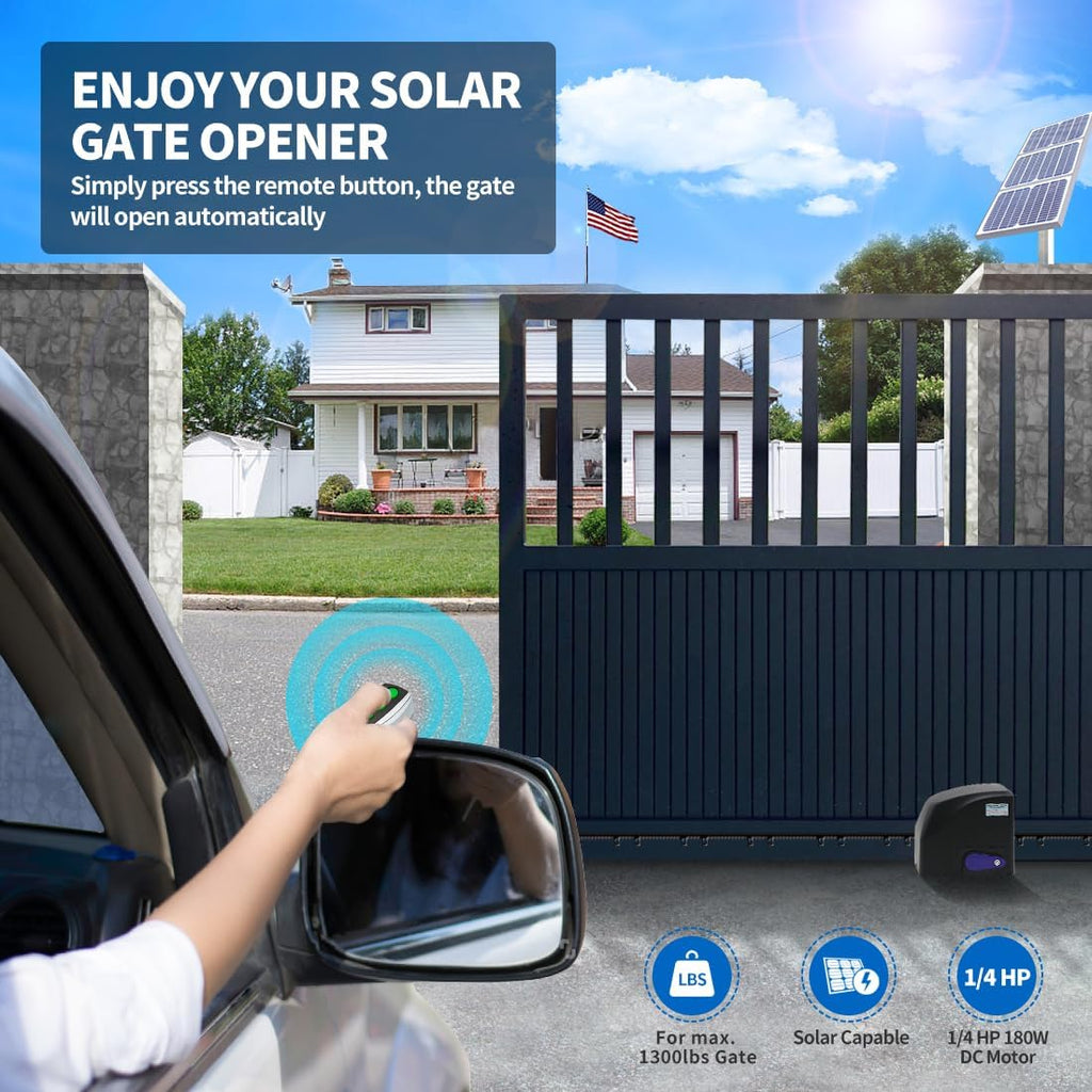 TOPENS DKR500ST Solar Sliding Gate Opener Rack Drive Automatic Gate Motor for Heavy Driveway Slide Gates Up to 1300 Pounds, Electric Gate Operator Battery Powered with Solar Panel Remote Control Kit