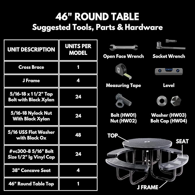 Heavy-Duty Portable Outdoor Picnic Table with Umbrella Hole, Punched Steel Commercial-Grade Patio Furniture Made in America (46" Round Top, Red with Red Frames)