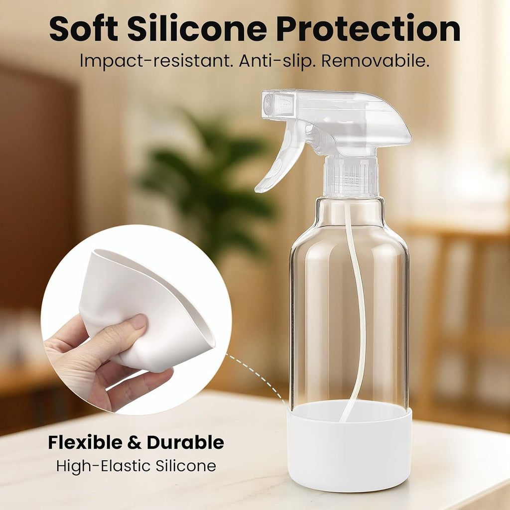 Glass Spray Bottles with Silicone Sleeve 16.9oz 2 Pack Empty Spray Bottle for Hair Mist/Stream Spraying for Cleaning Solutions, Plants, Essential Oils (clear-white&yellow)