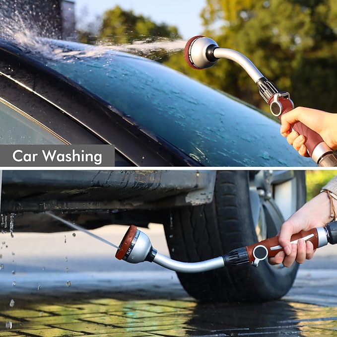 RESTMO Watering Wand Heavy Duty, Metal Garden Hose Wand with 10 Spray Patterns, 15-Inch Long Hose Nozzle Sprayer with Thumb Flow Control, Ideal to Water Hanging Baskets and Shrubs, Red