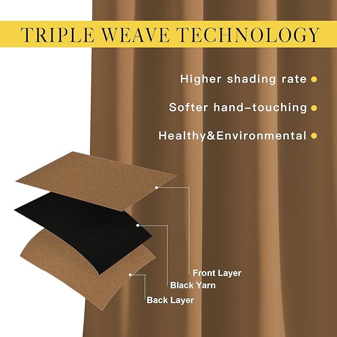 NICETOWN Insulated Curtains Blackout Draperies - Triple Weave Microfiber Home Thermal Insulated Solid Ring Top Blackout Curtains/Panels for Bedroom(Gold Brown, Set of 2, 46 x 90 Inch)