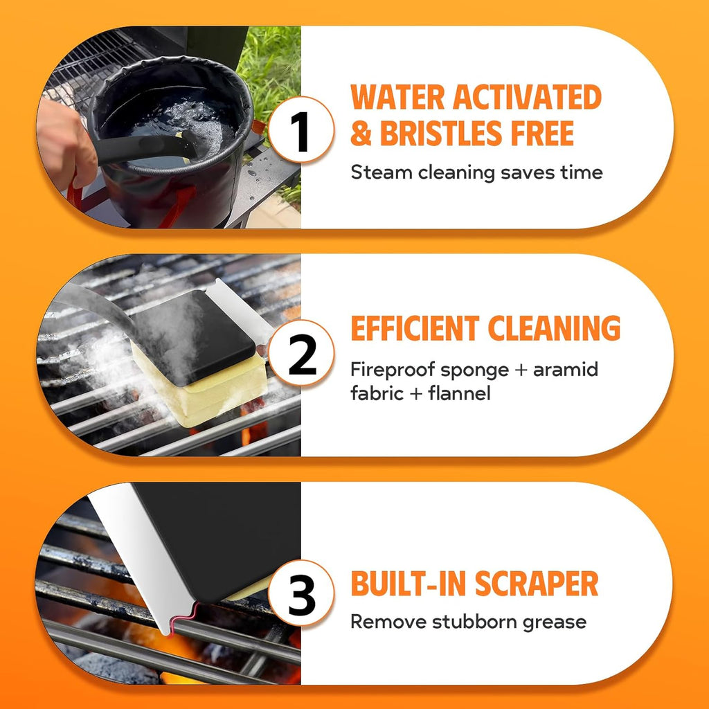 MEKER Grill Brush Bristle Free, Grill Cleaner Brush with 3 BBQ Replacement Head, Seamless Scraper Tool for Cast Iron, Stainless Steel Grates, Safe Grill Scraper Outdoor BBQ Grill, Black