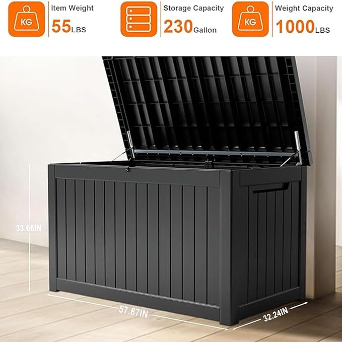 230 Gallon Resin Deck Box, Lockable Patio Outdoor Storage Box for Furniture, Garden Tools and Tools Storage, Waterproof Outside Storage Boxes - Black