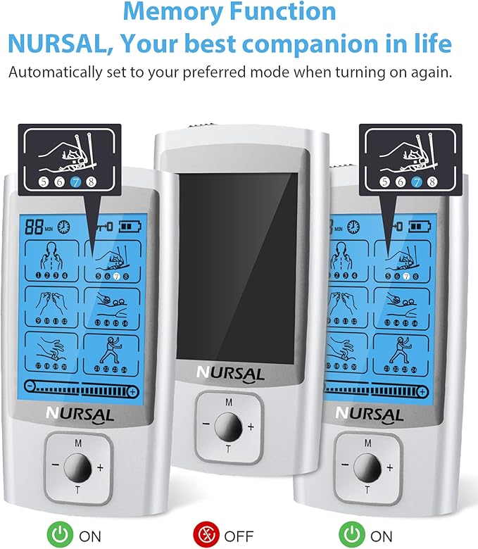 NURSAL 24 Modes TENS Unit Muscle Stimulator with Continuous Stimulation, Rechargeable Electronic Pulse Massager with 8 Pads for Back and Shoulder Pain Relief and Muscle Strength (Silver)