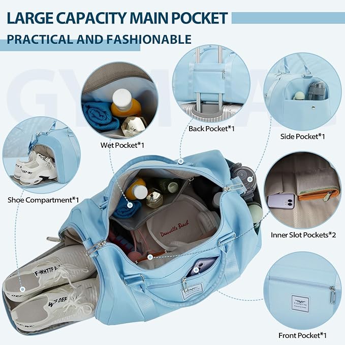 FIORETTO Womens Gym Tote Duffle Bag with Wet Pocket & Shoe Compartment, Sports Duffel Overnight Weekender Hospital Workout Carry on Bag for Girls, Ideal for Travel, Swimming, Dance, Ballet Light Blue